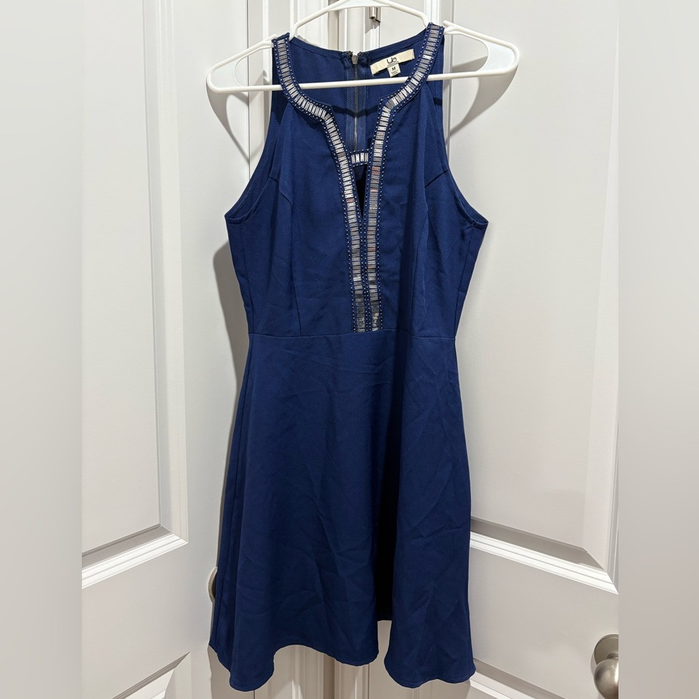 Ya Los Angeles Blue Silver Halter Sheath Mini Dress